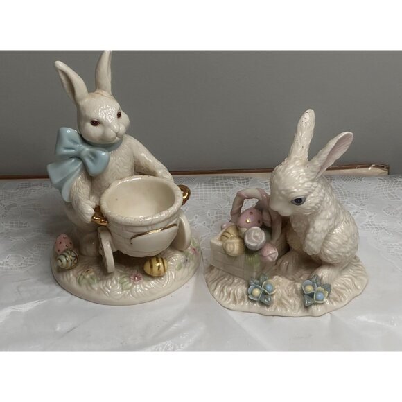 Two 2004 Lenox Fine Ivory Easter Bunny Egg Cup Basket Spring Tulips - Picture 4 of 14